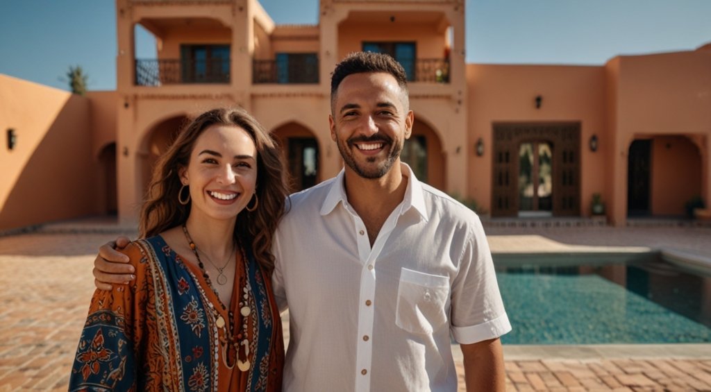 A happy international couple standing in front of their newly purchased Moroccan villa, holding keys and smiling.